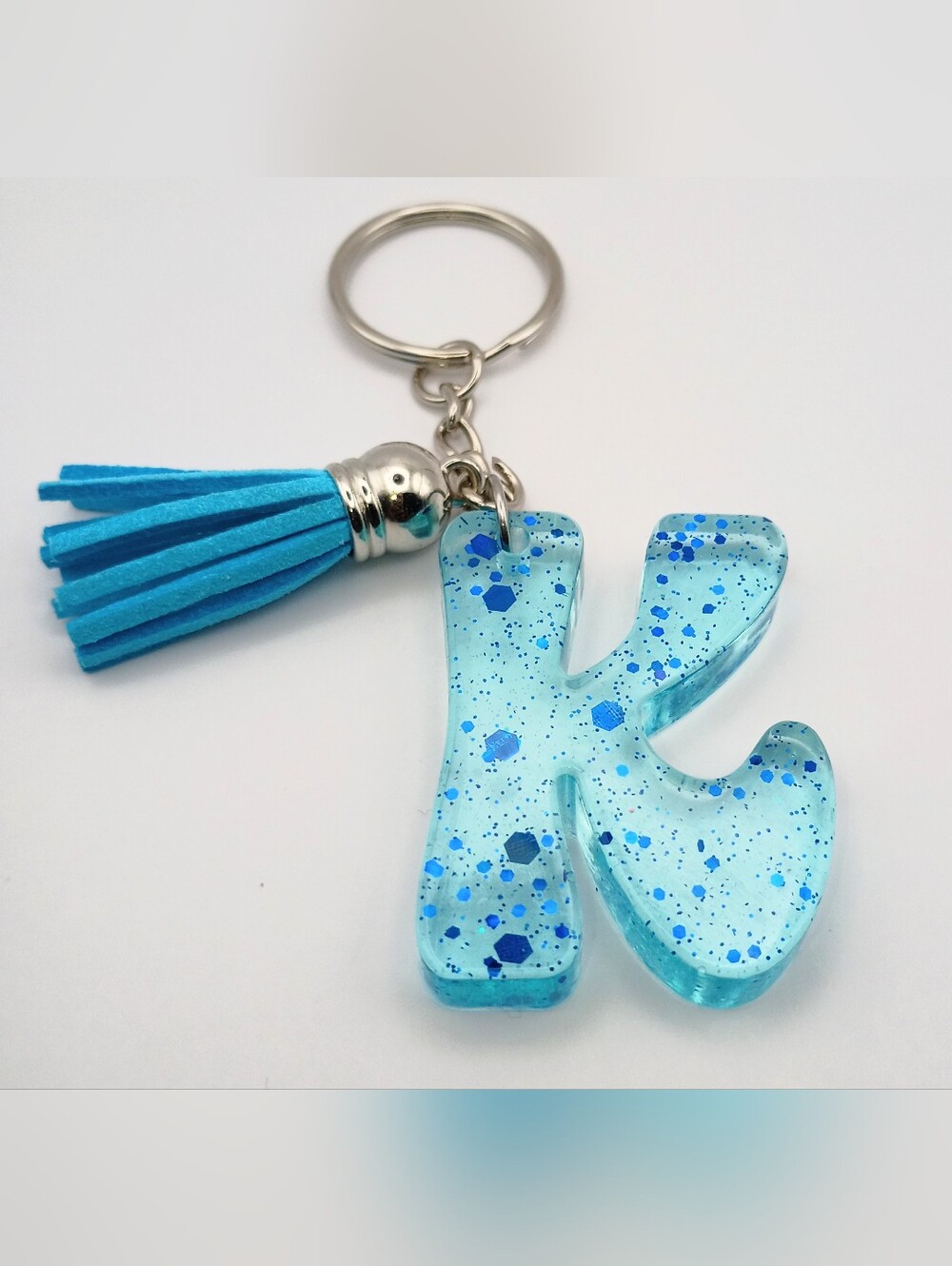 Handmade Blue Glitter Resin Initial K Keychain with Tassel - Picture 2 of 3